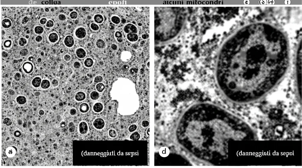 Micrografia elettronica a trasmissione (TEM) ad alto ingrandimento di mitocondri all'interno di una cellula epatica. Alcuni mitocondri mostrano creste ben definite (sani), altri appaiono gonfi e con creste danneggiate (danneggiati da sepsi). Simulazione di immagine TEM con etichette indicative.