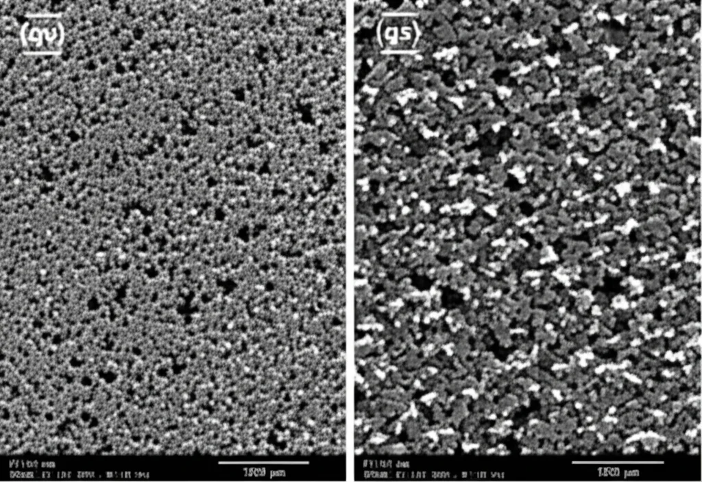 Immagine macro fotorealistica di un film sottile di MoS2 elettrodepositato su substrato FTO, vista al microscopio elettronico a scansione (SEM). Dettagli elevati delle particelle nanostrutturate distribuite omogeneamente, illuminazione controllata per evidenziare la texture, obiettivo macro 100mm.