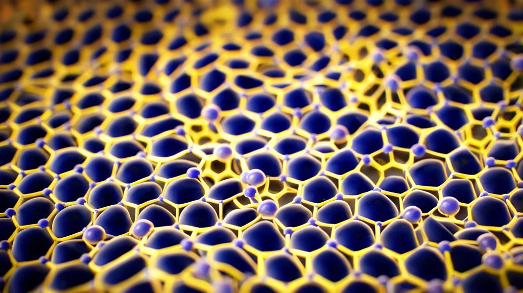 Visualizzazione fotorealistica del concetto di difetti puntuali (vacanze di zolfo - un buco - e interstiziali di zolfo - un atomo extra) in un reticolo cristallino 2D di MoS2 esagonale. Focus preciso sui difetti, illuminazione drammatica per evidenziare le imperfezioni atomiche, obiettivo macro 60mm, alta definizione.