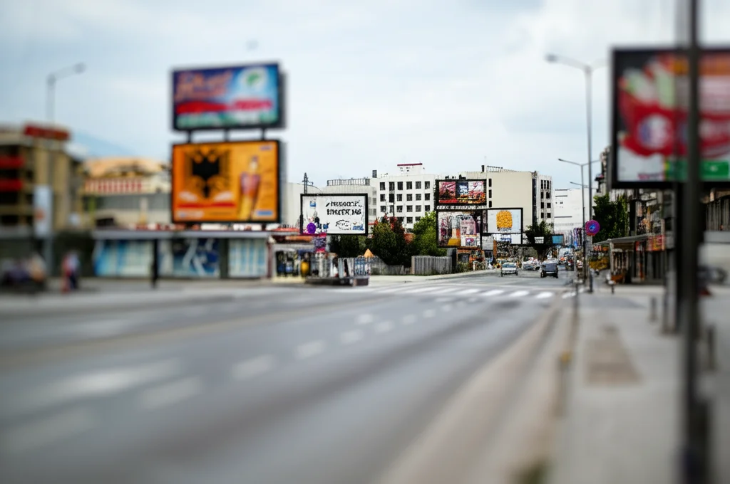 Immagine grandangolare, obiettivo 20mm, che mostra una strada urbana moderna in Albania con cartelloni pubblicitari visibili, alcuni potenzialmente legati a bevande. Messa a fuoco nitida su tutta la scena, luce diurna.