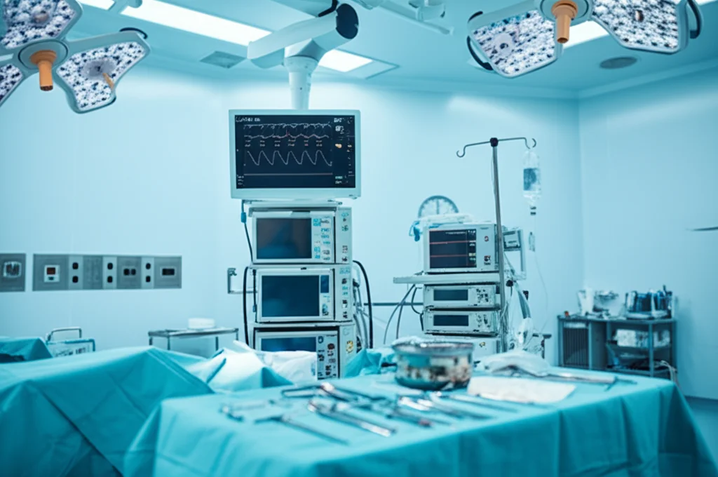 Fotografia realistica di una sala operatoria moderna vista dalla prospettiva dell'anestesista, focus sul monitor dei segni vitali e sul ventilatore. Luce controllata e brillante tipica delle sale chirurgiche, obiettivo 35mm per una visione ampia ma dettagliata, atmosfera di concentrazione.