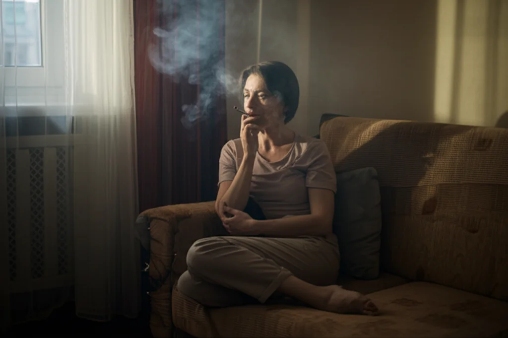 Immagine fotorealistica stile reportage, una donna non fumatrice seduta su un divano in un soggiorno, l'aria è leggermente velata suggerendo la presenza di fumo passivo da una fonte fuori campo. Luce naturale da una finestra laterale, obiettivo 35mm, profondità di campo media, colori leggermente desaturati per un'atmosfera realistica e un po' opprimente.
