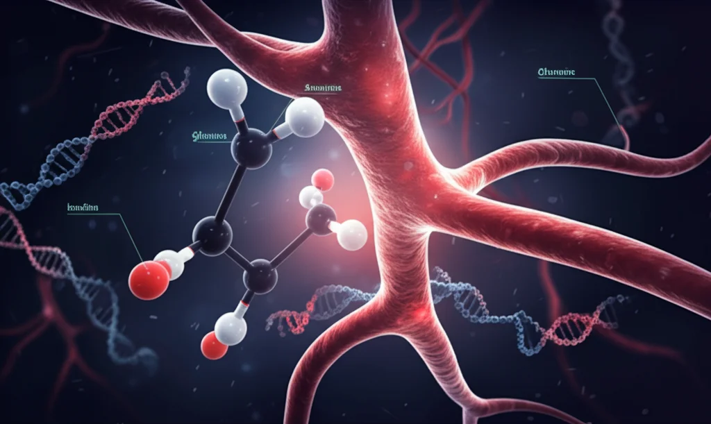 Visualizzazione astratta di vasi sanguigni stilizzati che si collegano a molecole di DNA e biomarcatori come glucosio e insulina, sfondo scuro con illuminazione controllata, stile macro 60mm, alta definizione, colori blu e rosso duotone.
