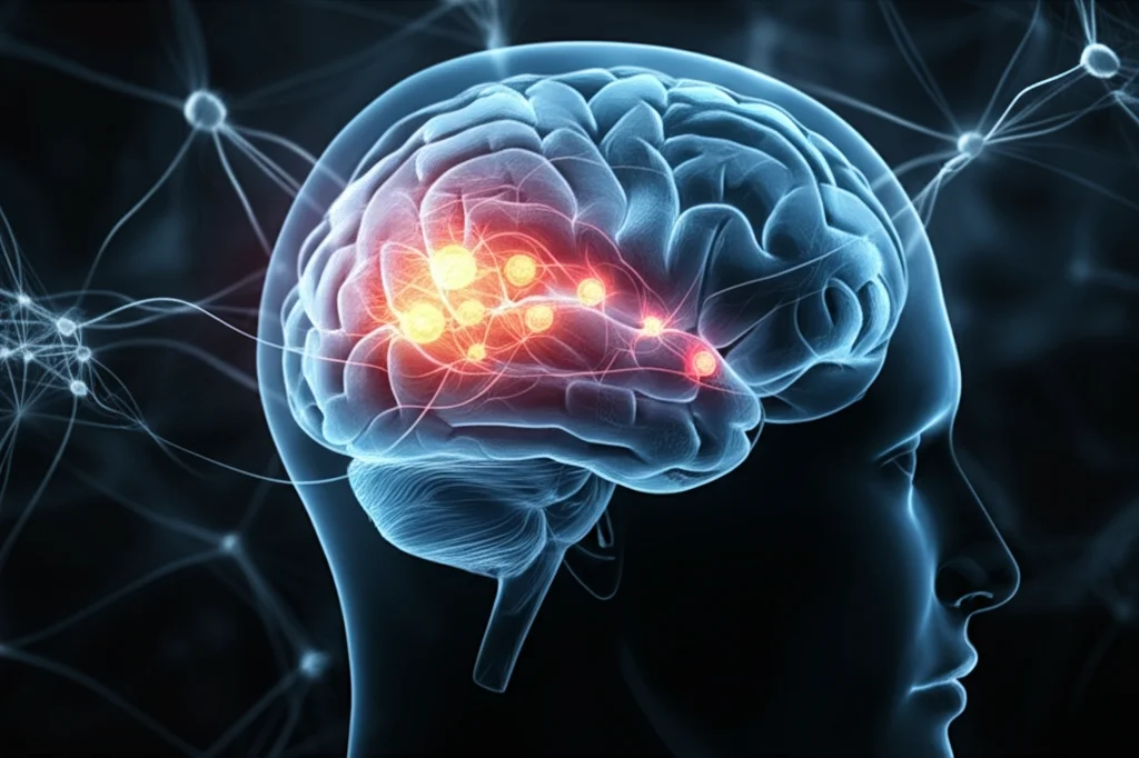 Primo piano di un cervello umano stilizzato con aree illuminate che rappresentano le funzioni cognitive (memoria, funzioni esecutive), connesso a una rete neurale luminosa, fotografia concettuale, obiettivo 35mm, profondità di campo, film noir style.