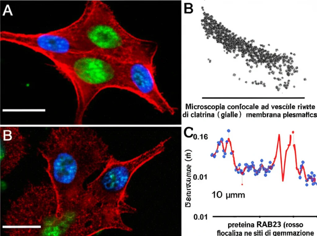 Microscopia confocale ad alta risoluzione che mostra vescicole rivestite di clatrina (giallo fluorescente) che gemmano dalla membrana plasmatica (blu) di una cellula, con la proteina RAB23 (rosso fluorescente) localizzata nei siti di gemmazione. Obiettivo macro 100mm, illuminazione controllata, alta definizione.