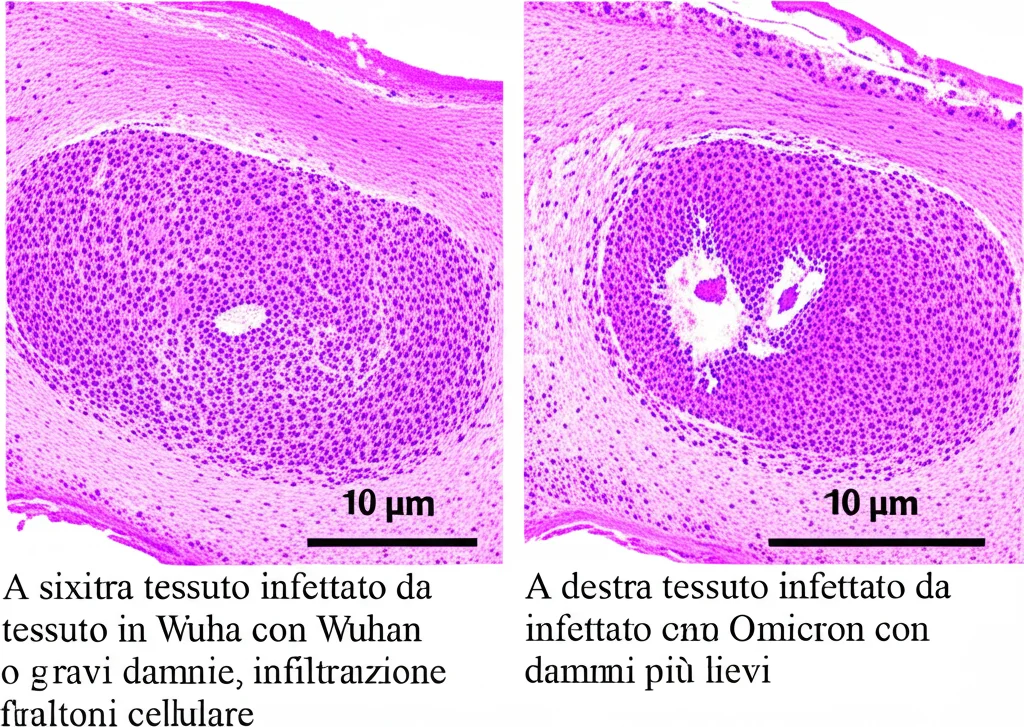 Immagine al microscopio di tessuto polmonare di topo. A sinistra, tessuto sano. Al centro, tessuto infettato da Wuhan con gravi danni (emorragie, infiltrazione cellulare). A destra, tessuto infettato da Omicron con danni più lievi. Macro lens, 100mm, high detail, precise focusing, controlled lighting, HeE stain colors (rosa e viola).
