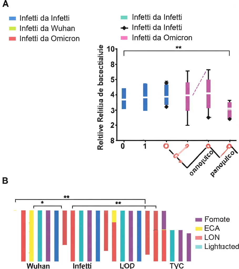 Grafico a barre che mostra l'abbondanza relativa di diverse famiglie batteriche nell'intestino di topi non infetti, infetti da Wuhan e infetti da Omicron. Colori diversi rappresentano famiglie diverse, evidenziando le differenze tra i gruppi. High detail, precise focusing, stile infografica scientifica.