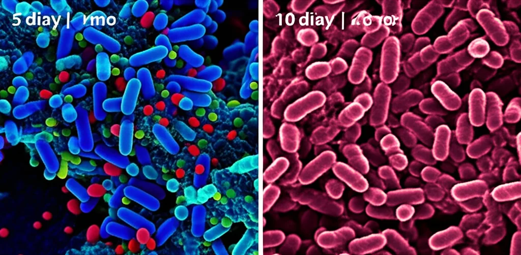 Visualizzazione artistica del microbiota intestinale che cambia nel tempo dopo l'infezione da Omicron. Due pannelli: uno a 5 giorni con certi batteri dominanti, uno a 10 giorni con altri batteri (es. Mucispirillum) che diventano più abbondanti. Macro lens, 60mm, high detail, controlled lighting, colori vibranti.