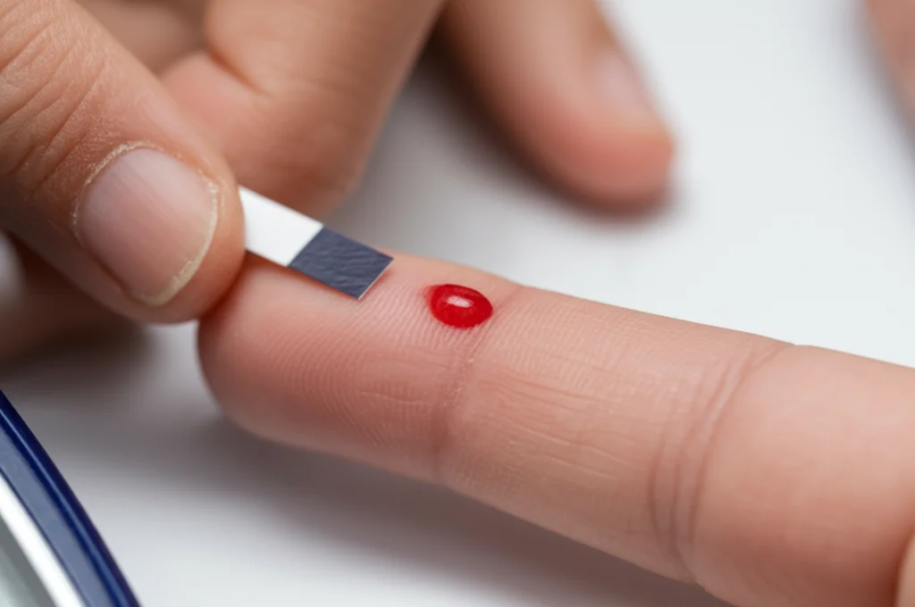 Fotografia macro (obiettivo 60mm) di un dito di bambino con una goccia di sangue su una striscia reattiva per glucometro. Luce controllata, alta definizione dei dettagli della pelle e della striscia, sfondo neutro e sfocato.