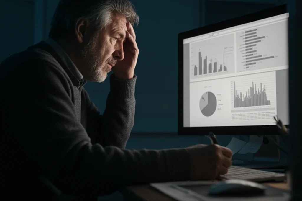 Ritratto fotografico (obiettivo 35mm, stile film noir) di un genitore dall'aria preoccupata che consulta referti medici o uno schermo di computer con grafici sanitari. Profondità di campo ridotta per focalizzare l'attenzione sul genitore e sui documenti, illuminazione drammatica.