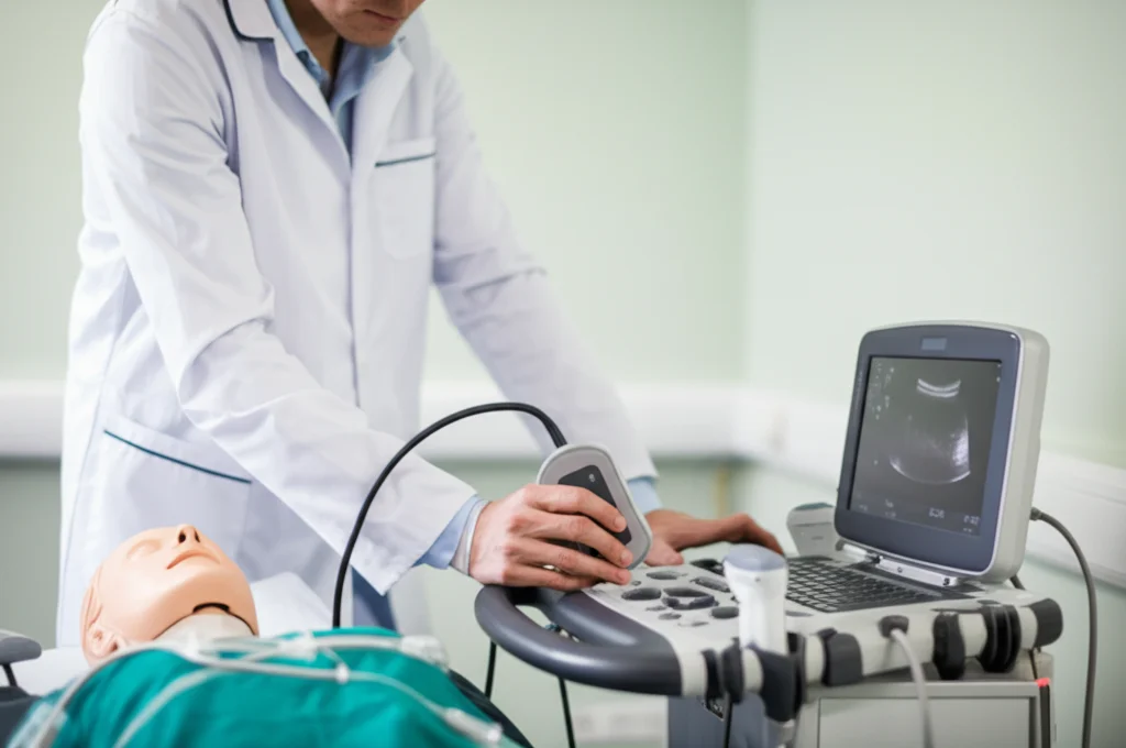 Medico specializzando in medicina d'urgenza che utilizza un ecografo portatile POCUS su un manichino simulatore avanzato in un ambiente di formazione ospedaliero. L'immagine è scattata con un obiettivo prime da 35mm, mettendo a fuoco l'interazione tra lo specializzando e il dispositivo, con una leggera profondità di campo per sfocare lo sfondo. Illuminazione controllata per un look professionale.