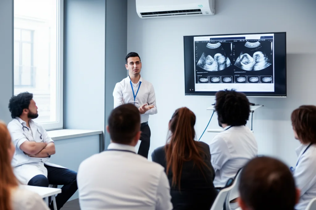 Un gruppo diversificato di specializzandi in medicina che partecipano attivamente a una sessione di 'flipped classroom' sull'ecografia POCUS. Uno specializzando sta presentando davanti a uno schermo con immagini ecografiche, mentre gli altri ascoltano e interagiscono. Obiettivo zoom 24-70mm per catturare l'intera scena, luce naturale da finestra laterale.