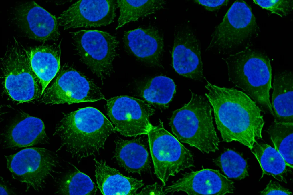 Immagine macrofotografica ad alto dettaglio di cellule T CAR (verdi fluorescenti) che attaccano cellule leucemiche (blu) che esprimono CD19 sulla superficie, obiettivo macro 100mm, illuminazione controllata, messa a fuoco precisa, sfondo scuro.