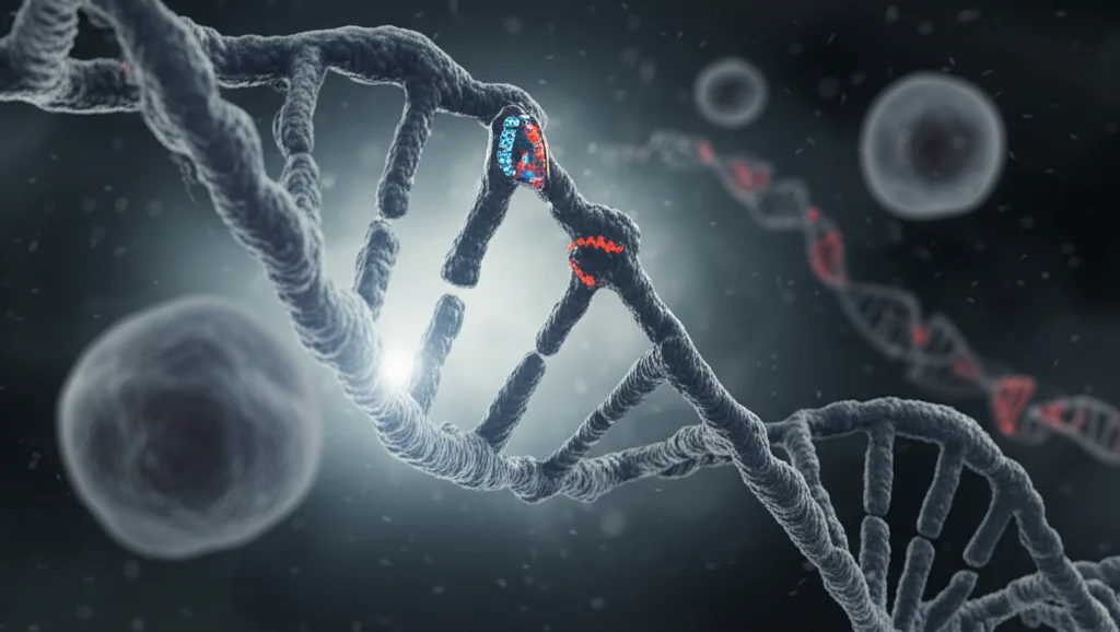 Visualizzazione astratta del DNA all'interno di un nucleo cellulare con enfasi sul gene IKZF1 (IKAROS) e sui meccanismi di splicing dell'RNA, stile cinematografico noir, obiettivo 35mm, profondità di campo accentuata, toni blu e grigi duotone.