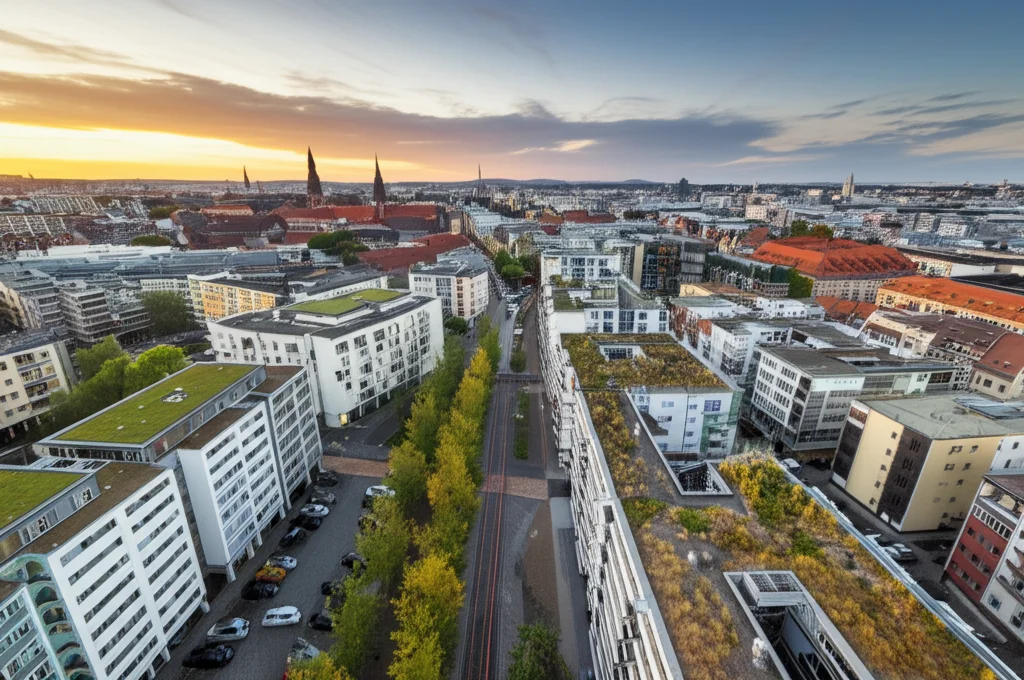 Wide-angle landscape, 15mm lens, veduta aerea di una tipica città tedesca di medie dimensioni al tramonto, che mostra un mix di edifici storici e moderni. Metà della città è visibilmente più verde, con tetti giardino, parchi urbani ben curati e piste ciclabili evidenti, mentre l'altra metà appare più grigia e congestionata. Illuminazione calda del tramonto, sharp focus, long exposure per nuvole leggermente mosse.