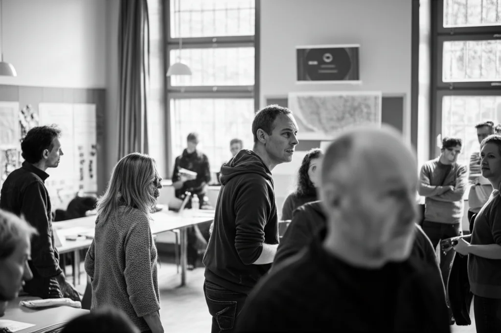 People portrait, 35mm prime lens, gruppo eterogeneo di cittadini (giovani, anziani, famiglie) che partecipano attivamente a un workshop sul clima in una sala comunale luminosa in Germania. Mappe, post-it colorati sui muri, discussioni animate ma costruttive. Depth of field che sfoca leggermente lo sfondo fuori dalla finestra, luce naturale diffusa, espressioni concentrate e collaborative. Film noir in bianco e nero per enfatizzare il contrasto tra impegno e sfida.