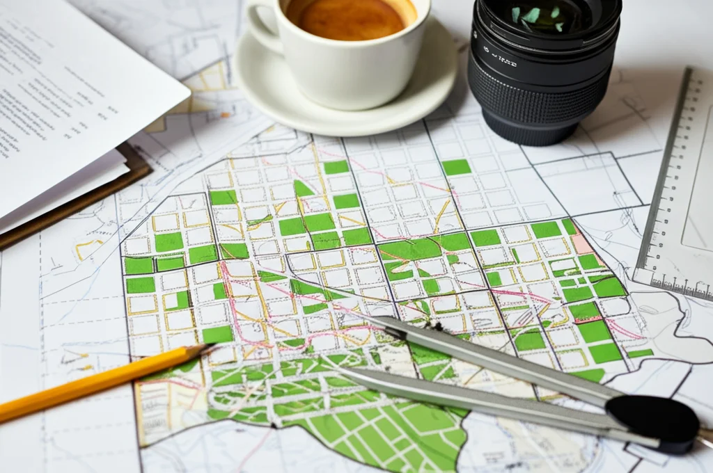 Macro lens, 100mm, dettaglio di una mappa di pianificazione urbana tedesca con aree evidenziate per nuove infrastrutture verdi (parchi, corridoi ecologici). Accanto alla mappa, alcuni strumenti da disegno (righello, matita) e una tazza di caffè. High detail, precise focusing sulla mappa, controlled lighting da ufficio, luce leggermente calda.