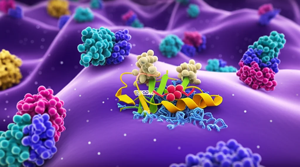 Illustrazione concettuale fotorealistica, grandangolo 24mm, che mostra una rete complessa e luminosa di molecole proteiche (sfere e nastri colorati) interagenti all'interno di un ambiente cellulare stilizzato viola e blu. Al centro, il complesso MED23-Elk-1 è evidenziato. Alcune interazioni sono nitide, altre sfocate ('fuzzy'). Una piccola molecola stilizzata (potenziale farmaco) si avvicina all'interfaccia MED23-Elk-1. L'immagine trasmette complessità e speranza terapeutica.