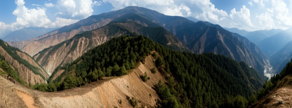 Fotografia paesaggistica grandangolare delle maestose montagne dell'Himalaya, con diverse tipologie di foreste (miste, conifere, latifoglie) che coprono i pendii a diverse altitudini. Alcune aree mostrano segni visibili di erosione del suolo, come calanchi o terreno scoperto. Cielo parzialmente nuvoloso, luce solare che illumina parti del paesaggio. Scattata con obiettivo 15mm, messa a fuoco nitida sull'intero paesaggio per evidenziare la vastità e la complessità dell'ecosistema.