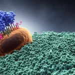 Illustrazione artistica fotorealistica di una molecola DGlyTAC (chimera nanocorpo-enzima) che si avvicina a una cellula tumorale per rimuovere N-glicani da una proteina di checkpoint immunitario (PD-L1), macro lens 85mm, illuminazione drammatica, alta definizione dei dettagli molecolari.