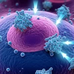 Illustrazione concettuale fotorealistica che mostra l'enzima MTHFD2 come bersaglio all'interno di una cellula di mieloma multiplo stilizzata. Frecce luminose indicano l'alterazione del metabolismo energetico (mitocondri e glicolisi visibili sullo sfondo) e la sinergia con molecole del farmaco Bortezomib che interagiscono con la cellula. Lente macro 90mm, alta definizione dei dettagli cellulari, illuminazione drammatica controllata con toni blu e viola per evidenziare l'interazione farmacologica.
