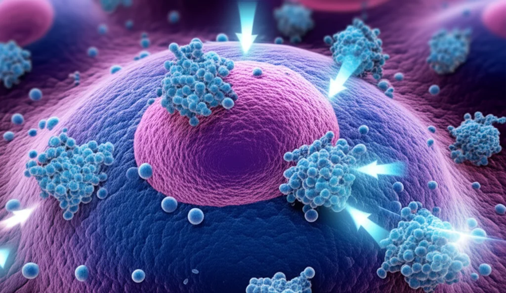 Illustrazione concettuale fotorealistica che mostra l'enzima MTHFD2 come bersaglio all'interno di una cellula di mieloma multiplo stilizzata. Frecce luminose indicano l'alterazione del metabolismo energetico (mitocondri e glicolisi visibili sullo sfondo) e la sinergia con molecole del farmaco Bortezomib che interagiscono con la cellula. Lente macro 90mm, alta definizione dei dettagli cellulari, illuminazione drammatica controllata con toni blu e viola per evidenziare l'interazione farmacologica.