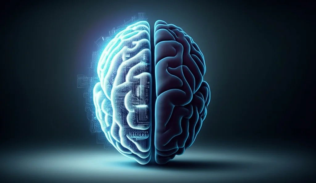 Illustrazione concettuale fotorealistica di un cervello umano diviso a metà: una parte è luminosa, interconnessa con circuiti digitali brillanti che simboleggiano l'aumento delle prestazioni grazie all'IA; l'altra metà è leggermente più scura, con colori meno vibranti, a rappresentare la potenziale diminuzione della motivazione intrinseca. Illuminazione drammatica laterale.
