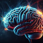 Immagine concettuale astratta che rappresenta le connessioni neurali del cervello con scintille di colore vivace (blu, rosso, giallo) che simboleggiano la creatività emergente o mutevole, stile fotorealistico con effetti di luce soffusa e profondità di campo.