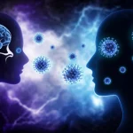 Immagine concettuale che mostra una silhouette umana stilizzata con enfasi sulla connessione tra il naso (mucosa olfattiva evidenziata) e il cervello, con particelle simili a proteine TDP-43 (rappresentate come piccole sfere luminose) che viaggiano lungo questo percorso, sfondo astratto blu e viola scuro, stile fotorealistico con elementi grafici sovrapposti, illuminazione drammatica.