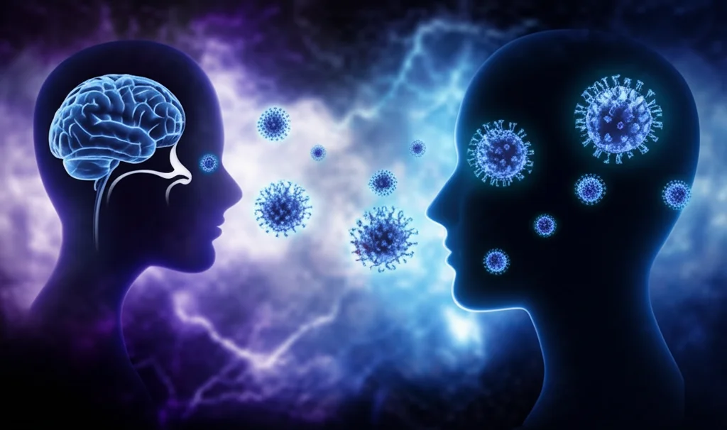 Immagine concettuale che mostra una silhouette umana stilizzata con enfasi sulla connessione tra il naso (mucosa olfattiva evidenziata) e il cervello, con particelle simili a proteine TDP-43 (rappresentate come piccole sfere luminose) che viaggiano lungo questo percorso, sfondo astratto blu e viola scuro, stile fotorealistico con elementi grafici sovrapposti, illuminazione drammatica.