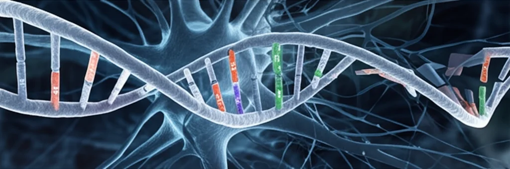 Immagine concettuale della ricerca genetica sulla Sindrome dell'X Fragile, obiettivo macro 70mm, alta definizione, illuminazione drammatica che evidenzia una sequenza genetica FMR1 con ripetizioni CGG visibili, sfondo astratto neurale.
