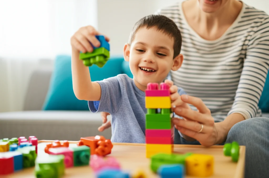 Immagine fotorealistica di un bambino sorridente con paralisi cerebrale atassica che gioca con blocchi colorati, assistito da un adulto in un ambiente luminoso e accogliente. Obiettivo 50mm, luce naturale, profondità di campo media per mostrare interazione e ambiente.