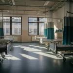 Interno di un reparto ospedaliero moderno durante la pandemia, letti vuoti allineati, luce soffusa che entra dalle finestre creando lunghe ombre, senso di quiete e riflessione post-emergenza, wide-angle 24mm, sharp focus, atmosfera leggermente malinconica.