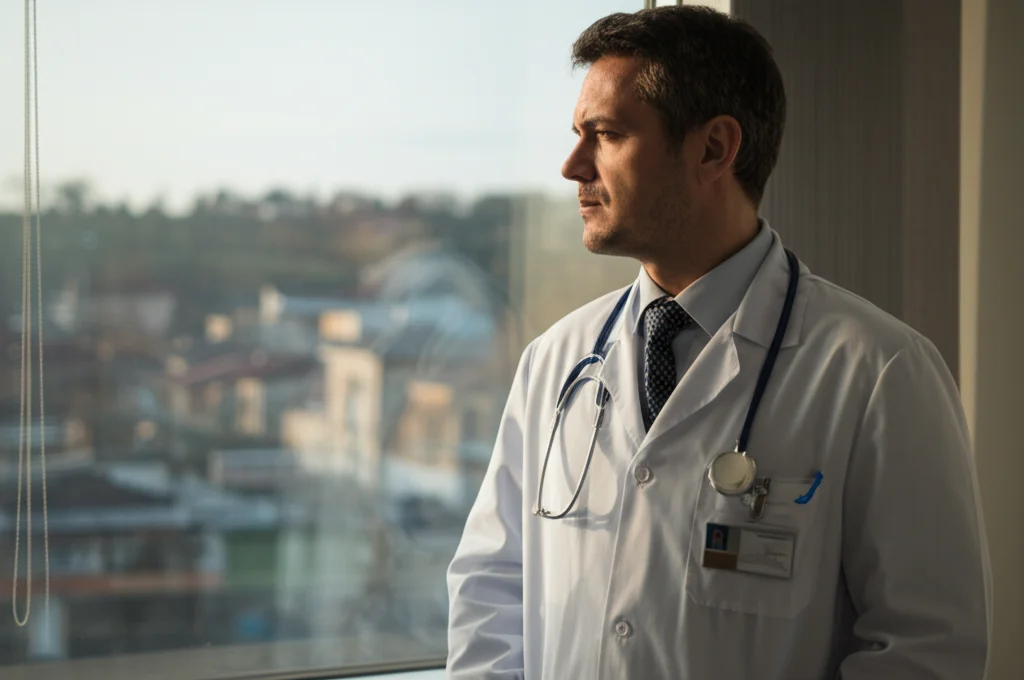 Ritratto di un medico pensieroso, 35mm, guarda fuori dalla finestra di un ospedale di provincia con vista su un piccolo paese, luce naturale del tardo pomeriggio, profondità di campo che sfoca leggermente lo sfondo, toni caldi e riflessivi.