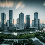 Skyline futuristico di Guangzhou al tramonto, integrato armoniosamente con ampi spazi verdi e fiumi, simbolo di sviluppo sostenibile, wide-angle lens, 18mm, long exposure, smooth water, colori caldi.