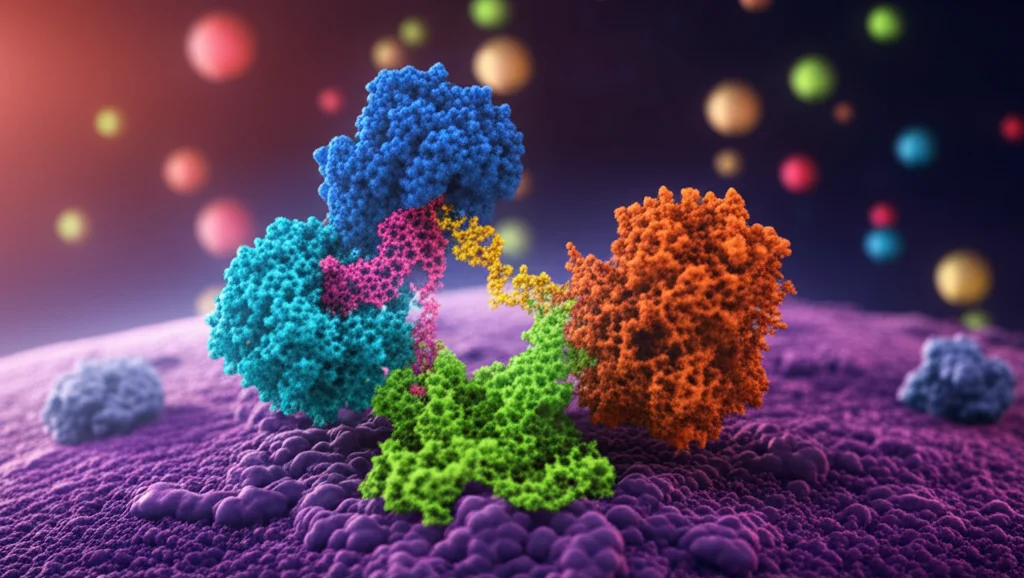 Microscopia elettronica a colori falsi di complessi proteici dello spliceosoma che interagiscono con una molecola di pre-mRNA all'interno di un nucleo cellulare, alta definizione, profondità di campo ridotta, illuminazione suggestiva che evidenzia le interazioni molecolari.