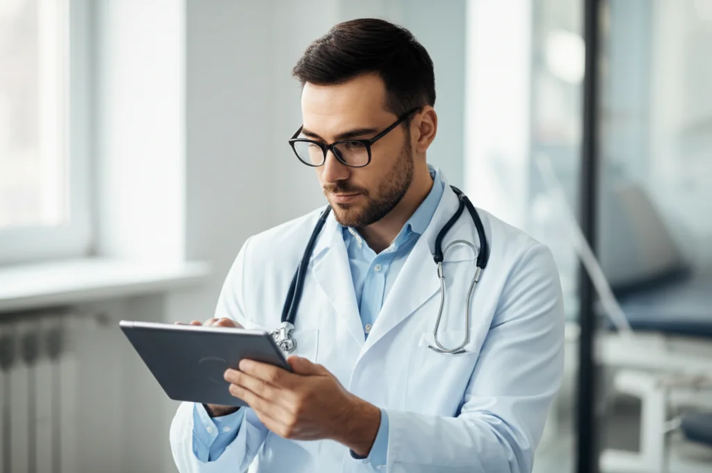 Un medico dall'aspetto serio e concentrato esamina i risultati di un esame del sangue su un tablet in un ambiente ospedaliero luminoso, prime lens 35mm, depth of field, focus sul volto del medico e sullo schermo del tablet, luce naturale dalla finestra.