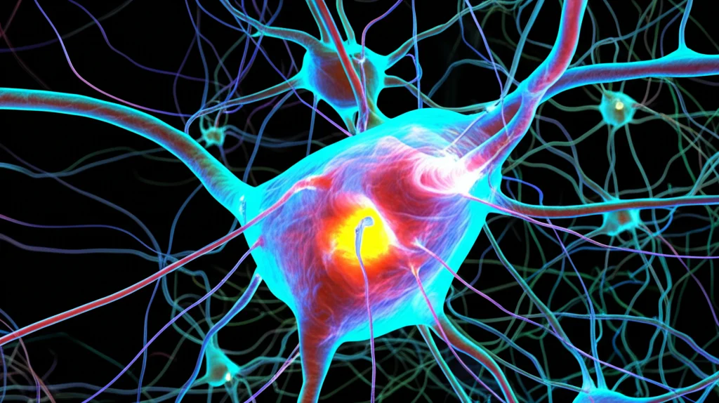 Fotografia macro ad alto dettaglio di neuroni cerebrali stilizzati o una scansione cerebrale astratta con colori vivaci che rappresentano l'attività o l'infiammazione. Obiettivo macro 100mm, illuminazione controllata per enfatizzare le texture e i colori, messa a fuoco precisa su un punto focale.