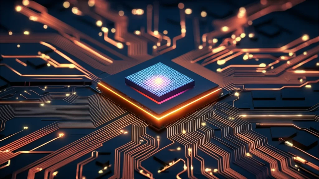 Fotografia still life, obiettivo macro 100mm, di un chip quantistico stilizzato con qubit luminosi collegati da linee energetiche su uno sfondo scuro, alta definizione, illuminazione controllata per far risaltare i dettagli del chip.
