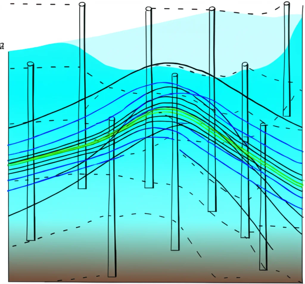 Grafico scientifico astratto che mostra profili di velocità dell'acqua vicino a un letto ruvido. Una linea rappresenta il profilo logaritmico classico (senza vegetazione), altre linee mostrano profili modificati dalla presenza di vegetazione (cilindri stilizzati). Si evidenzia la somiglianza dei profili nello strato vicino al letto (NBL) e la diminuzione dello spessore del NBL con maggiore densità di vegetazione. Colori blu e ciano per l'acqua, marrone per il letto.