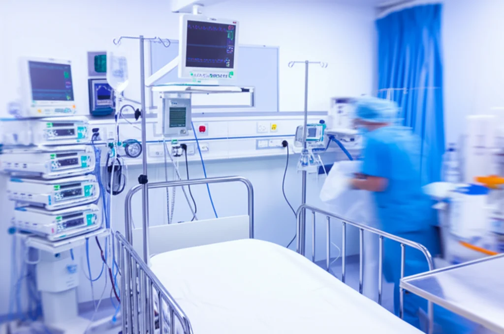 Interno di un'unità di terapia intensiva (ICU) con un letto vuoto in primo piano e macchinari medici complessi sullo sfondo, personale sanitario sfocato che si muove, telephoto zoom 100mm, fast shutter speed, action tracking, luce clinica fredda, atmosfera tesa.