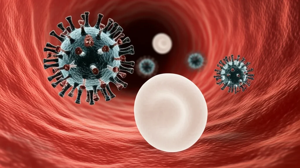 Fotografia sportiva di un globulo bianco (neutrofilo) stilizzato che insegue aggressivamente un virus SARS-CoV-2 stilizzato in un vaso sanguigno. Teleobiettivo zoom 200mm, alta velocità dell'otturatore per congelare l'azione, tracciamento del movimento, sfondo sfocato per enfatizzare i soggetti.