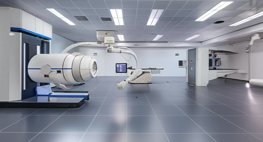 Vista interna di un acceleratore lineare per radioterapia in funzione, fasci di luce simulati convergono su un punto focale in un ambiente high-tech, obiettivo grandangolare 15mm per catturare l'ampiezza della macchina, lunga esposizione per mostrare il movimento della luce.