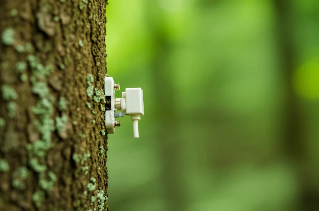 Fotografia macro ad alta definizione di un nodo sensore wireless high-tech montato sul tronco di un albero in una foresta lussureggiante. Obiettivo macro 90mm, messa a fuoco precisa sul sensore con dettagli visibili, sfondo bokeh della foresta, illuminazione naturale filtrata che evidenzia la tecnologia nel contesto naturale.