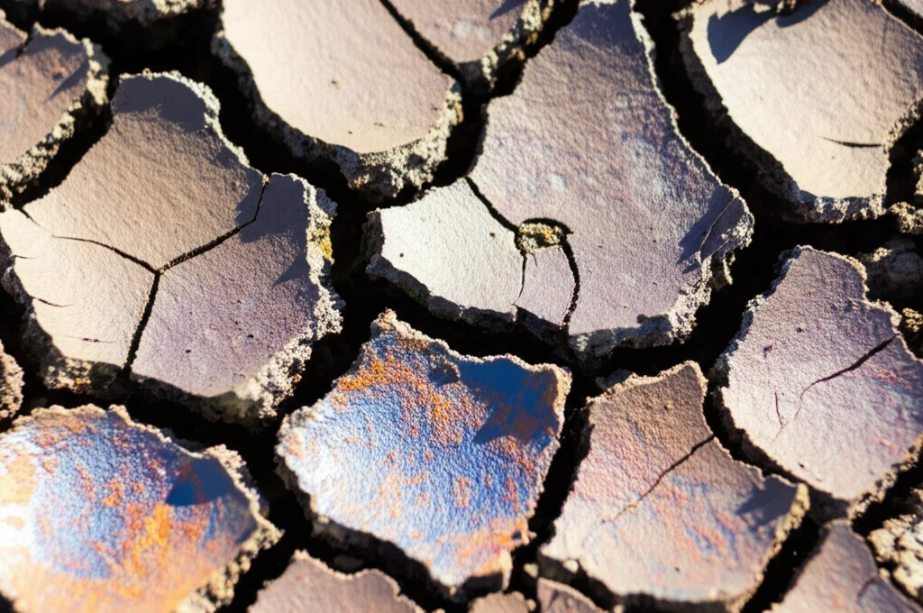 Macro fotografia, obiettivo 100mm, di terreno arido e screpolato con evidenti macchie di colore innaturale o riflessi metallici, alta definizione, messa a fuoco precisa, che suggerisce contaminazione da metalli pesanti vicino a un'area mineraria.