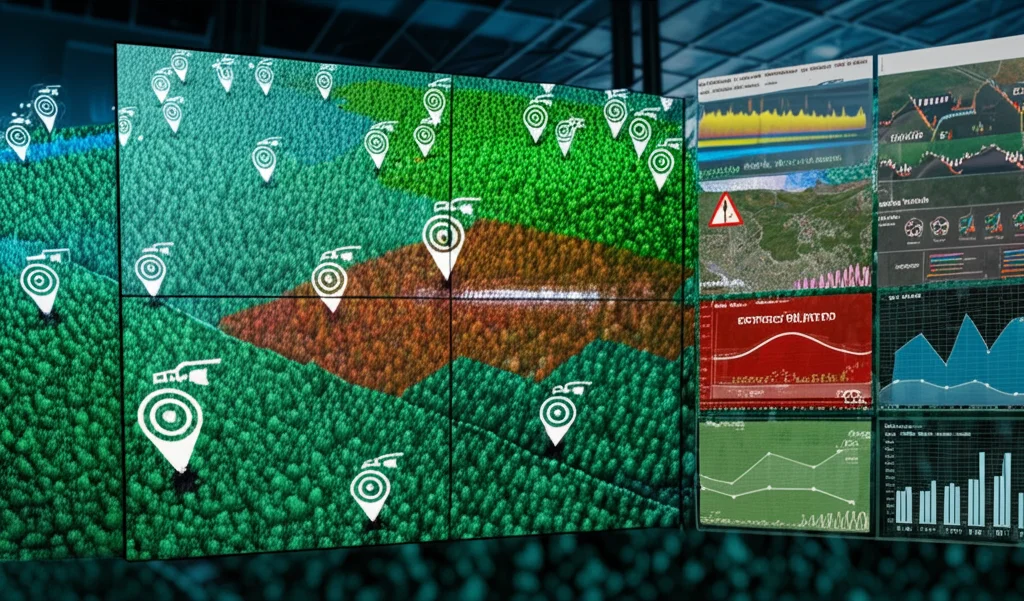 Fotografia realistica di una moderna sala di controllo forestale. Su un grande schermo digitale è visualizzata una mappa 3D di una foresta con icone che indicano la posizione dei sensori. Un'area della mappa è evidenziata in rosso con un alert 'INCENDIO RILEVATO', e grafici mostrano picchi anomali di temperatura e CO2. Obiettivo prime 35mm, profondità di campo media, illuminazione ambientale high-tech.