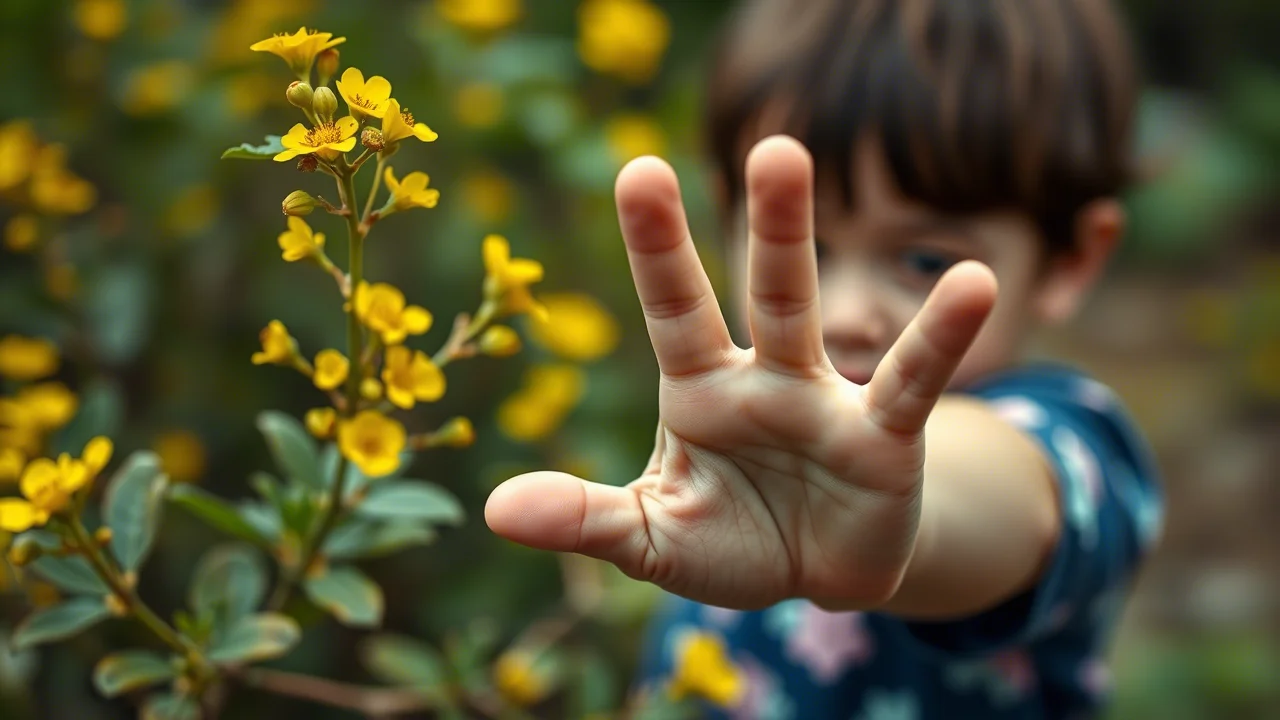 Immagine fotorealistica simbolica, obiettivo 35mm, profondità di campo ridotta, che mostra la mano di un bambino tesa verso una pianta di Guizotia scabra dai fiori gialli, messa a fuoco sulla mano e sulla pianta, sfondo sfocato, colori leggermente desaturati per trasmettere un senso di potenziale pericolo nascosto.