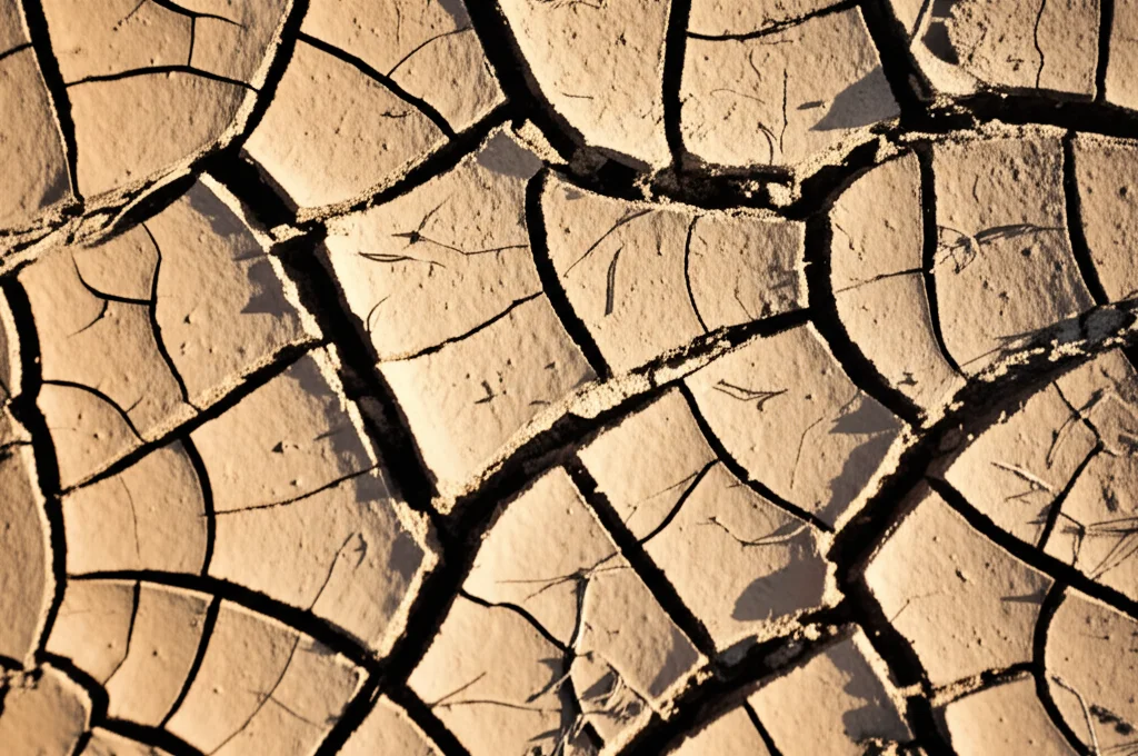 Fotografia macro di una crepa nel terreno argilloso asciutto vicino a un binario ferroviario, lente macro 90mm, luce controllata, alta definizione dei dettagli della terra screpolata.