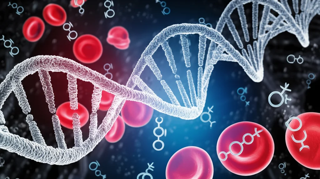 Visualizzazione astratta di doppie eliche di DNA intrecciate con simboli stilizzati di ormoni (come l'insulina) e cellule del sangue (linfociti), illuminazione controllata da laboratorio, obiettivo macro 90mm, alta definizione per rappresentare l'analisi genetica delle malattie endocrine e linfoidi.