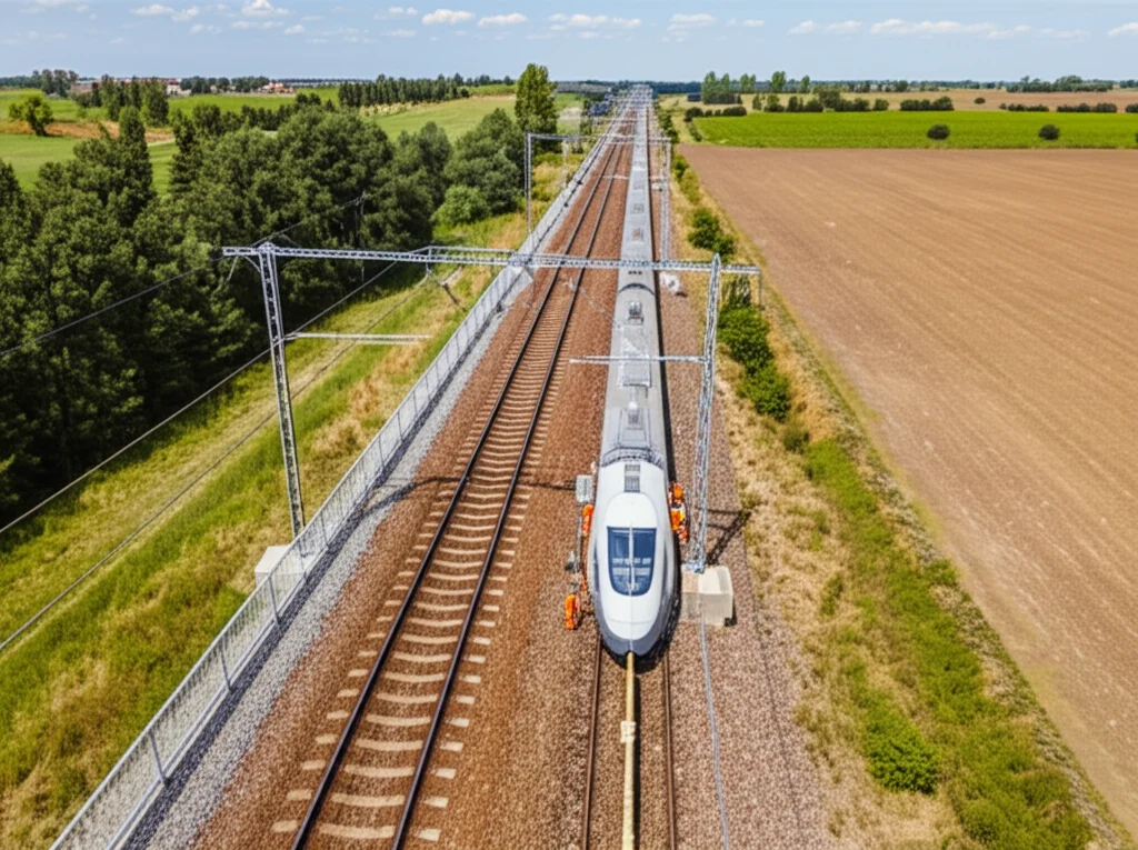 Fotografia aerea con drone di operai che ispezionano o riparano una sezione di massicciata ferroviaria ad alta velocità in un'area rurale, obiettivo zoom 100mm, luce diurna brillante, alta definizione delle infrastrutture e del paesaggio circostante.